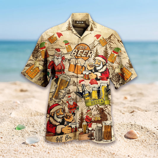 The Santa's Beer Run Shirt, a Hawaiian-style Christmas shirt with Santa and beer, on a sunny beach