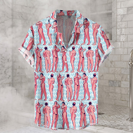 The Shower Power Shirt, a rude retro pinstripe shirt with men in the shower, in a tiled bathroom