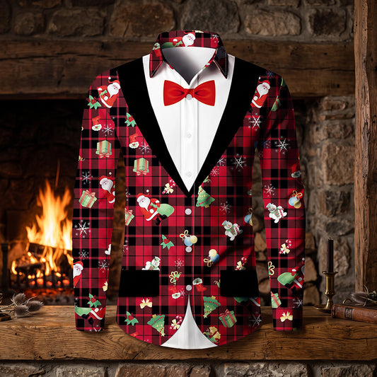 The Tartan Tux Christmas Shirt, a red tartan printed tuxedo shirt with a bow tie, beside a roaring fire